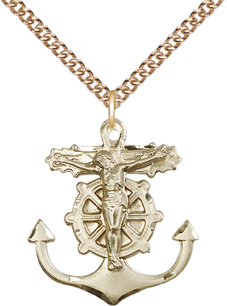 14kt Gold Filled Anchor Crucifix Pendant on a 24 inch Gold Filled Heavy Curb chain