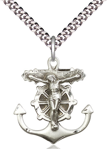 Sterling Silver Anchor Crucifix Pendant on a 24 inch Light Rhodium Heavy Curb chain