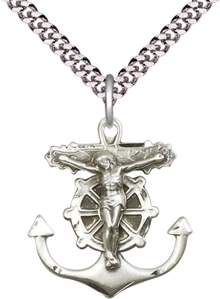 Sterling Silver Anchor Crucifix Pendant on a 24 inch Light Rhodium Heavy Curb chain