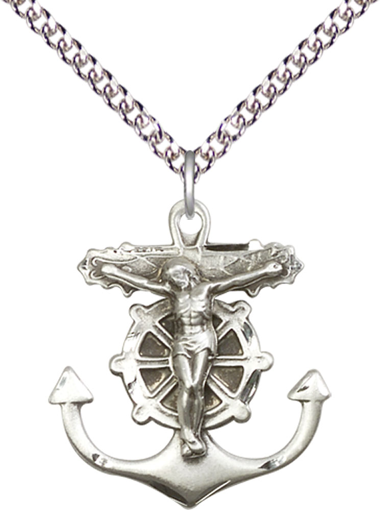 Sterling Silver Anchor Crucifix Pendant on a 24 inch Sterling Silver Heavy Curb chain