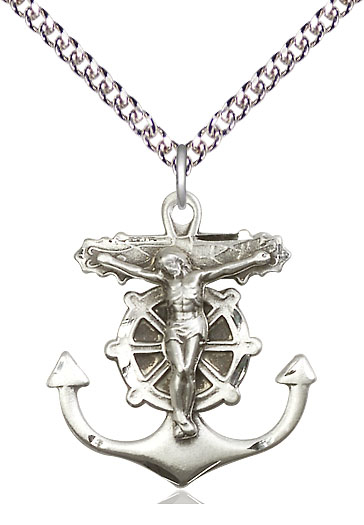 Sterling Silver Anchor Crucifix Pendant on a 24 inch Sterling Silver Heavy Curb chain