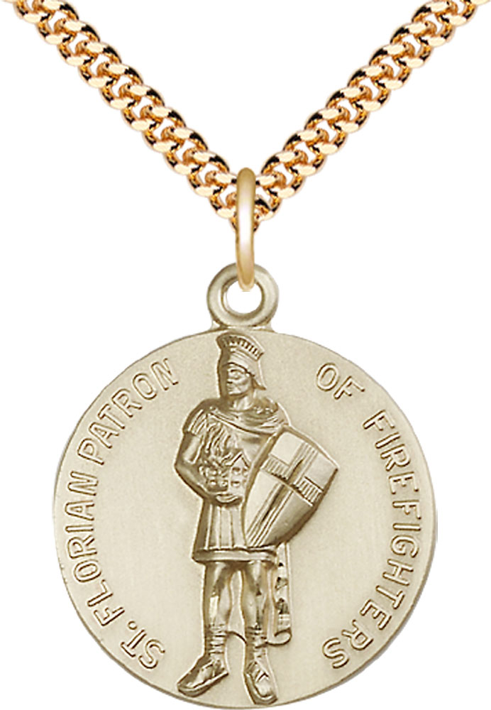 14kt Gold Filled Saint Florian Pendant on a 24 inch Gold Plate Heavy Curb chain