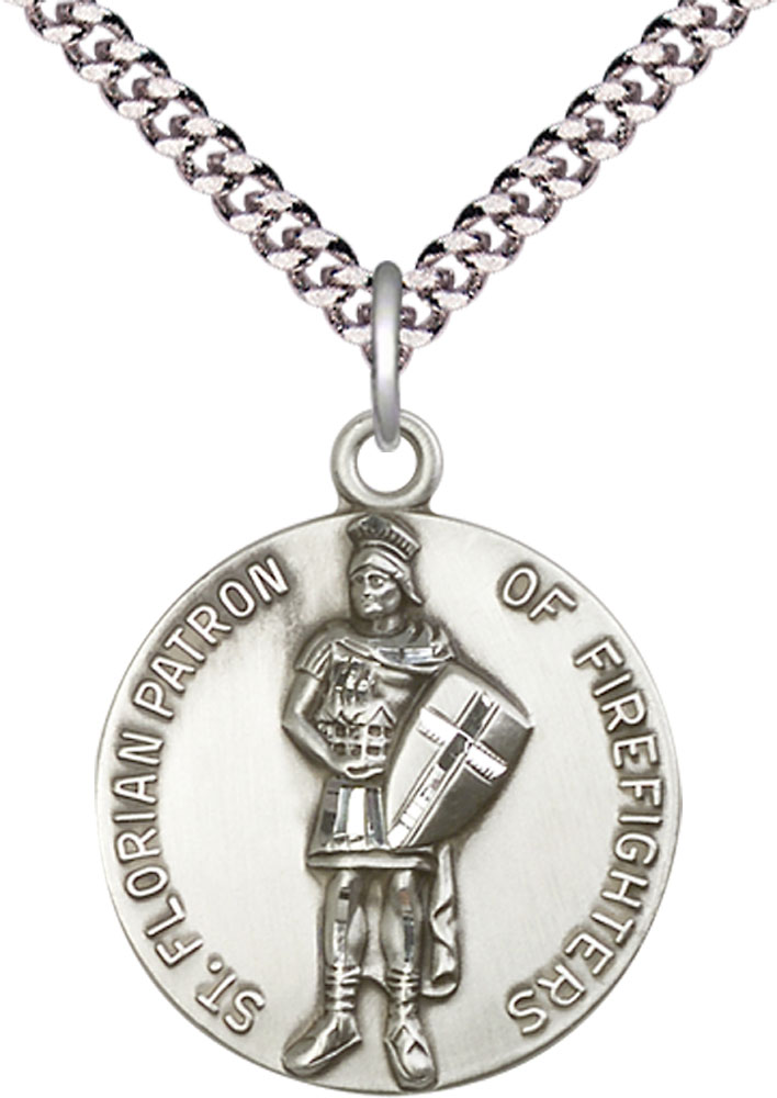 Sterling Silver Saint Florian Pendant on a 24 inch Light Rhodium Heavy Curb chain