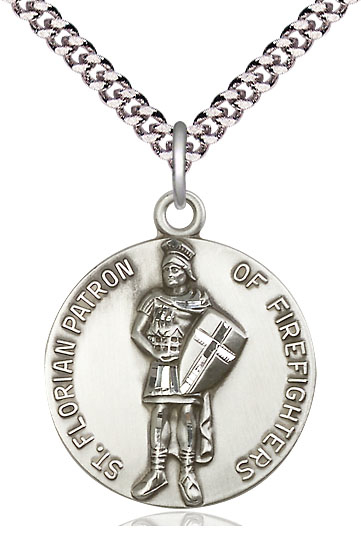 Sterling Silver Saint Florian Pendant on a 24 inch Light Rhodium Heavy Curb chain