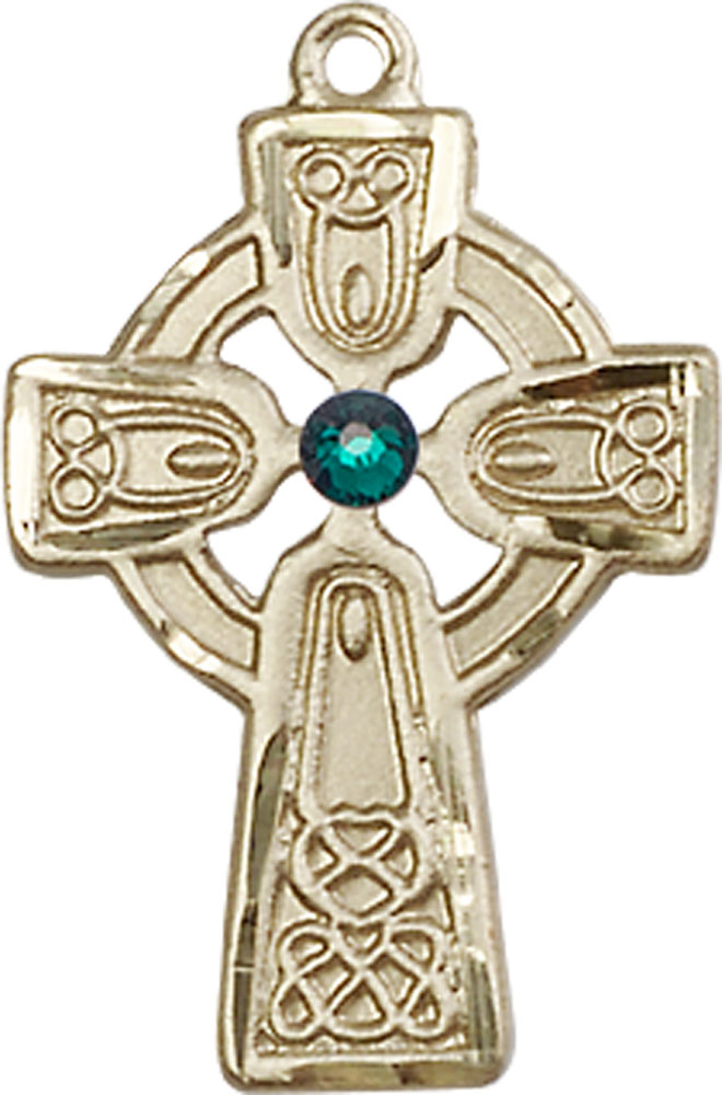 14kt Gold Filled Celtic Cross w/ Emerald Stone Medal with a 3mm Emerald Swarovski stone