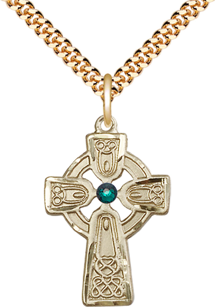 14kt Gold Filled Celtic Cross w/ Emerald Stone Pendant with a 3mm Emerald Swarovski stone on a 24 inch Gold Plate Heavy Curb chain