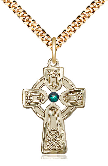 14kt Gold Filled Celtic Cross w/ Emerald Stone Pendant with a 3mm Emerald Swarovski stone on a 24 inch Gold Plate Heavy Curb chain