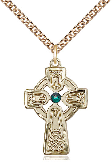 14kt Gold Filled Celtic Cross w/ Emerald Stone Pendant with a 3mm Emerald Swarovski stone on a 24 inch Gold Filled Heavy Curb chain