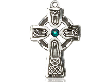 Sterling Silver Celtic Cross w/ Emerald Stone Medal with a 3mm Emerald Swarovski stone