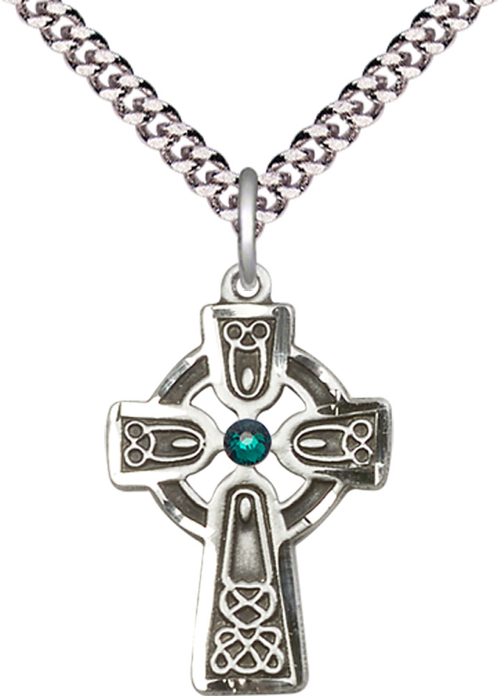 Sterling Silver Celtic Cross w/ Emerald Stone Pendant with a 3mm Emerald Swarovski stone on a 24 inch Light Rhodium Heavy Curb chain