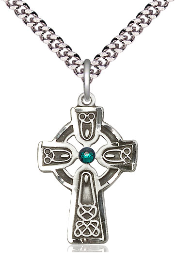 Sterling Silver Celtic Cross w/ Emerald Stone Pendant with a 3mm Emerald Swarovski stone on a 24 inch Light Rhodium Heavy Curb chain