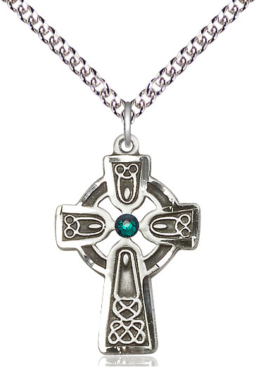 Sterling Silver Celtic Cross w/ Emerald Stone Pendant with a 3mm Emerald Swarovski stone on a 24 inch Sterling Silver Heavy Curb chain