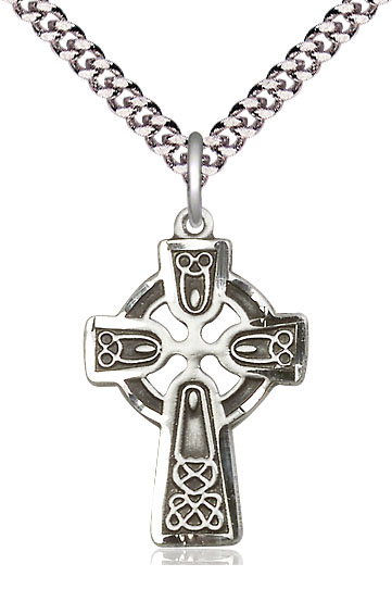 Sterling Silver Celtic Cross Pendant on a 24 inch Light Rhodium Heavy Curb chain