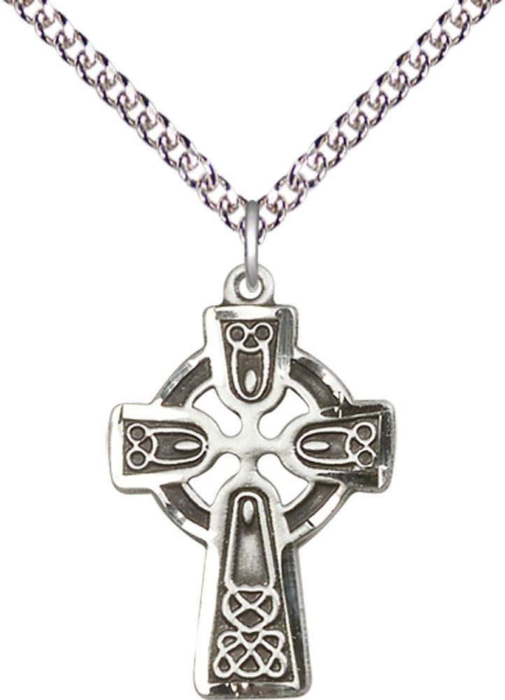 Sterling Silver Celtic Cross Pendant on a 24 inch Sterling Silver Heavy Curb chain