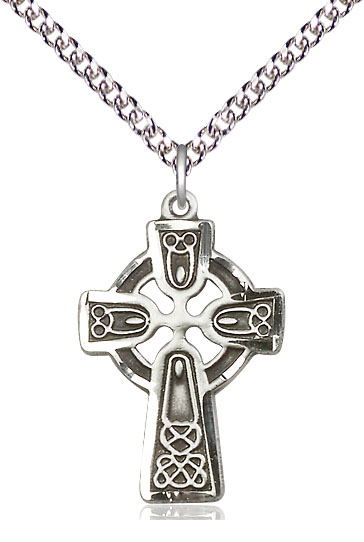 Sterling Silver Celtic Cross Pendant on a 24 inch Sterling Silver Heavy Curb chain