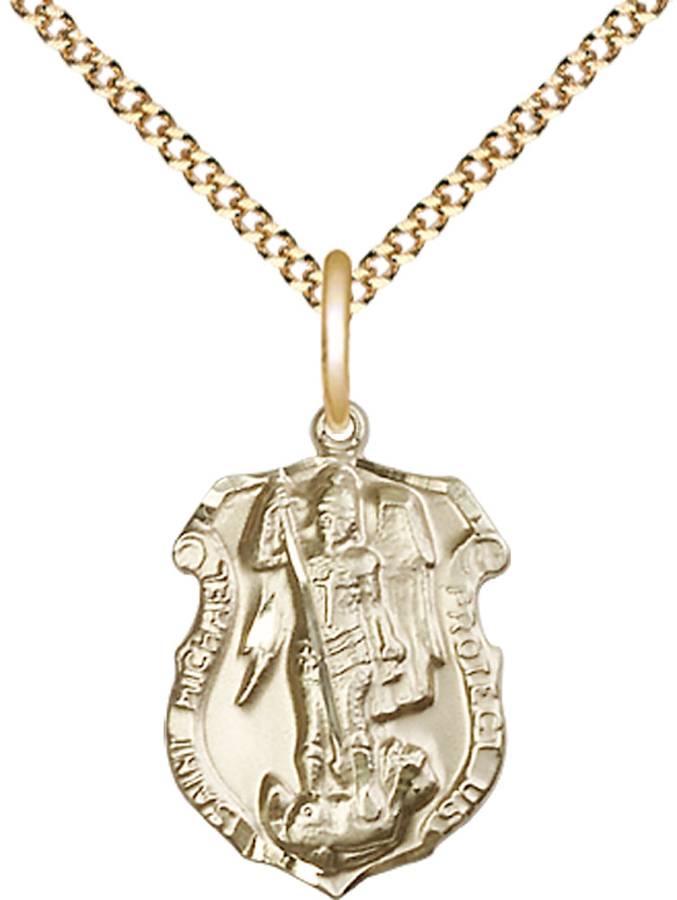 14kt Gold Filled Saint Michael the Archangel Shield Pendant on a 18 inch Gold Plate Light Curb chain