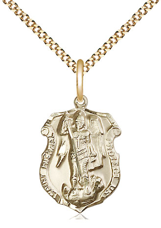 14kt Gold Filled Saint Michael the Archangel Shield Pendant on a 18 inch Gold Plate Light Curb chain