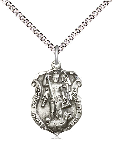 Sterling Silver Saint Michael the Archangel Shield Pendant on a 18 inch Light Rhodium Light Curb chain
