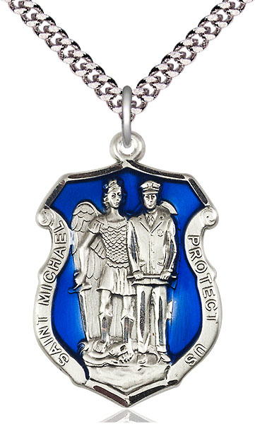 Sterling Silver Saint Michael the Archangel Police Shield Pendant on a 24 inch Light Rhodium Heavy Curb chain