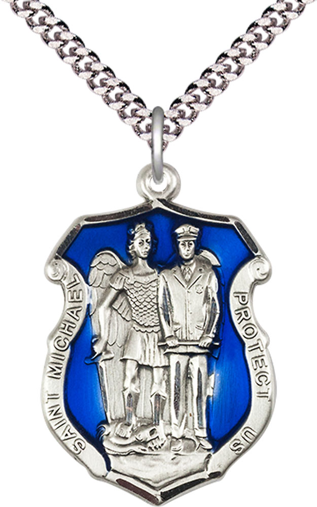 Sterling Silver Saint Michael the Archangel Police Shield Pendant on a 24 inch Light Rhodium Heavy Curb chain