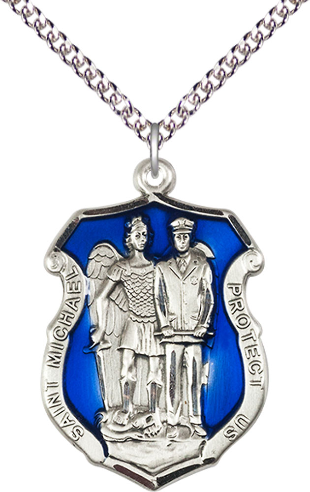 Sterling Silver Saint Michael the Archangel Police Shield Pendant on a 24 inch Sterling Silver Heavy Curb chain