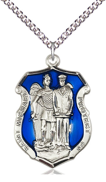 Sterling Silver Saint Michael the Archangel Police Shield Pendant on a 24 inch Sterling Silver Heavy Curb chain