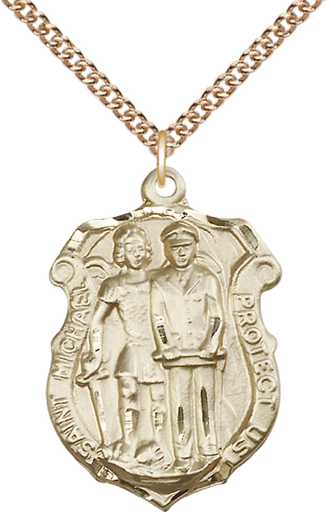 14kt Gold Filled Saint Michael the Archangel Police Shield Pendant on a 24 inch Gold Filled Heavy Curb chain