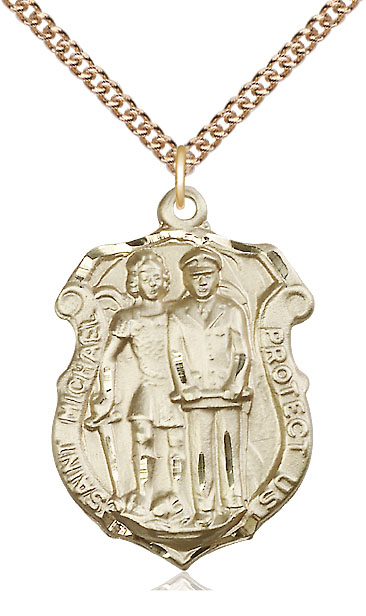 14kt Gold Filled Saint Michael the Archangel Police Shield Pendant on a 24 inch Gold Filled Heavy Curb chain