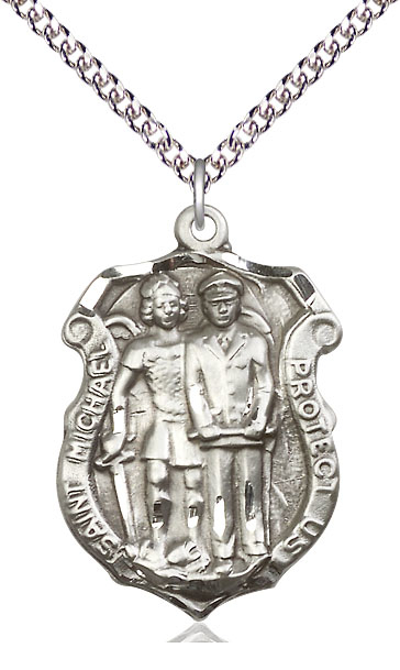 Sterling Silver Saint Michael the Archangel Police Shield Pendant on a 24 inch Sterling Silver Heavy Curb chain