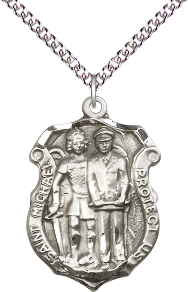 Sterling Silver Saint Michael the Archangel Police Shield Pendant on a 24 inch Sterling Silver Heavy Curb chain