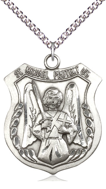 Sterling Silver Saint Michael the Archangel Pendant on a 24 inch Sterling Silver Heavy Curb chain