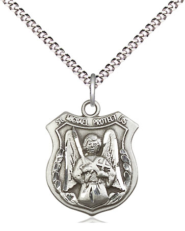 Sterling Silver Saint Michael the Archangel Pendant on a 18 inch Light Rhodium Light Curb chain