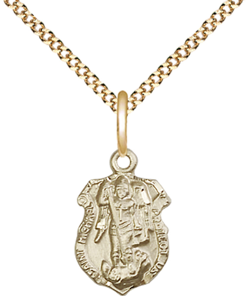 14kt Gold Filled Saint Michael the Archangel Shield Pendant on a 18 inch Gold Plate Light Curb chain