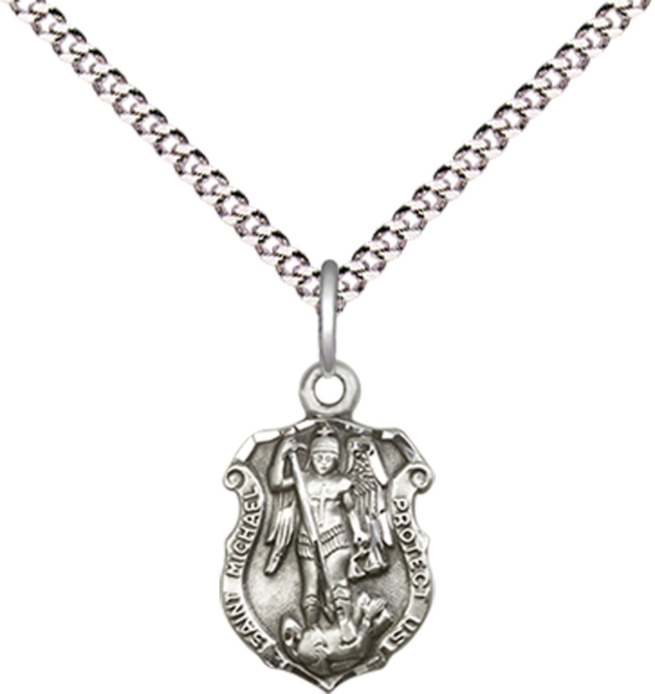 Sterling Silver Saint Michael the Archangel Shield Pendant on a 18 inch Light Rhodium Light Curb chain