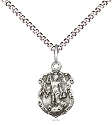 Sterling Silver Saint Michael the Archangel Shield Pendant on a 18 inch Light Rhodium Light Curb chain