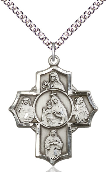 Sterling Silver Our Lady of Mount Carmel 4-Way Pendant on a 24 inch Sterling Silver Heavy Curb chain