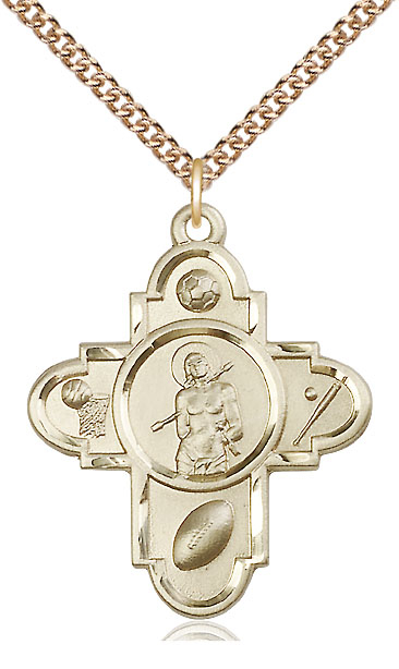 14kt Gold Filled Sports 5-Way St Sebastian Pendant on a 24 inch Gold Filled Heavy Curb chain