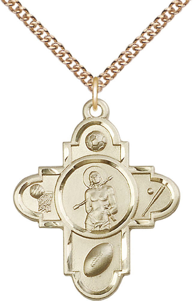 14kt Gold Filled Sports 5-Way St Sebastian Pendant on a 24 inch Gold Filled Heavy Curb chain