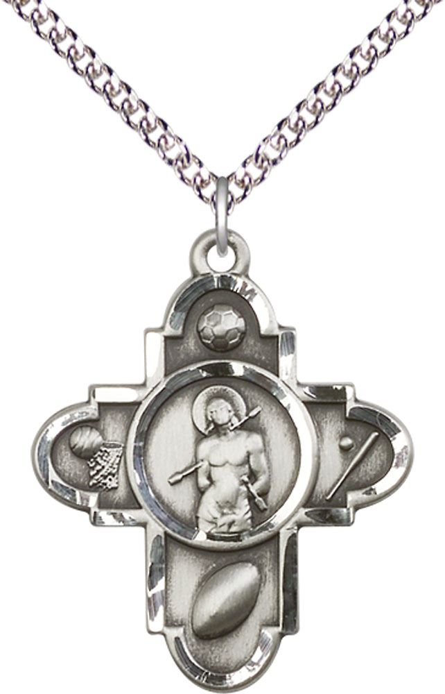 Sterling Silver Sports 5-Way St Sebastian Pendant on a 24 inch Sterling Silver Heavy Curb chain