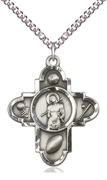 Sterling Silver Sports 5-Way St Sebastian Pendant on a 24 inch Sterling Silver Heavy Curb chain
