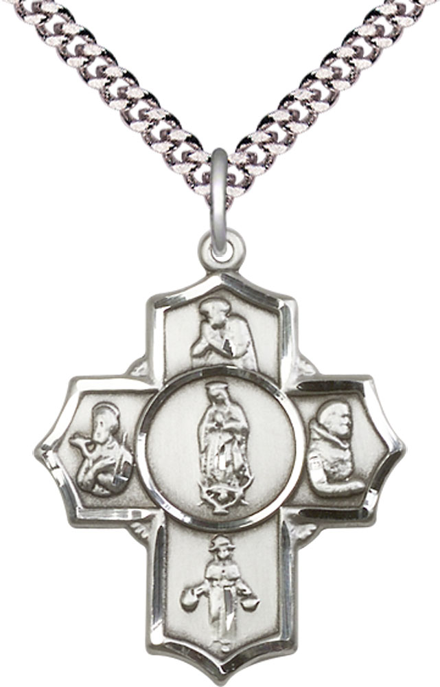 Sterling Silver Guadalupe Diego Pio Xav Nino Pendant on a 24 inch Light Rhodium Heavy Curb chain