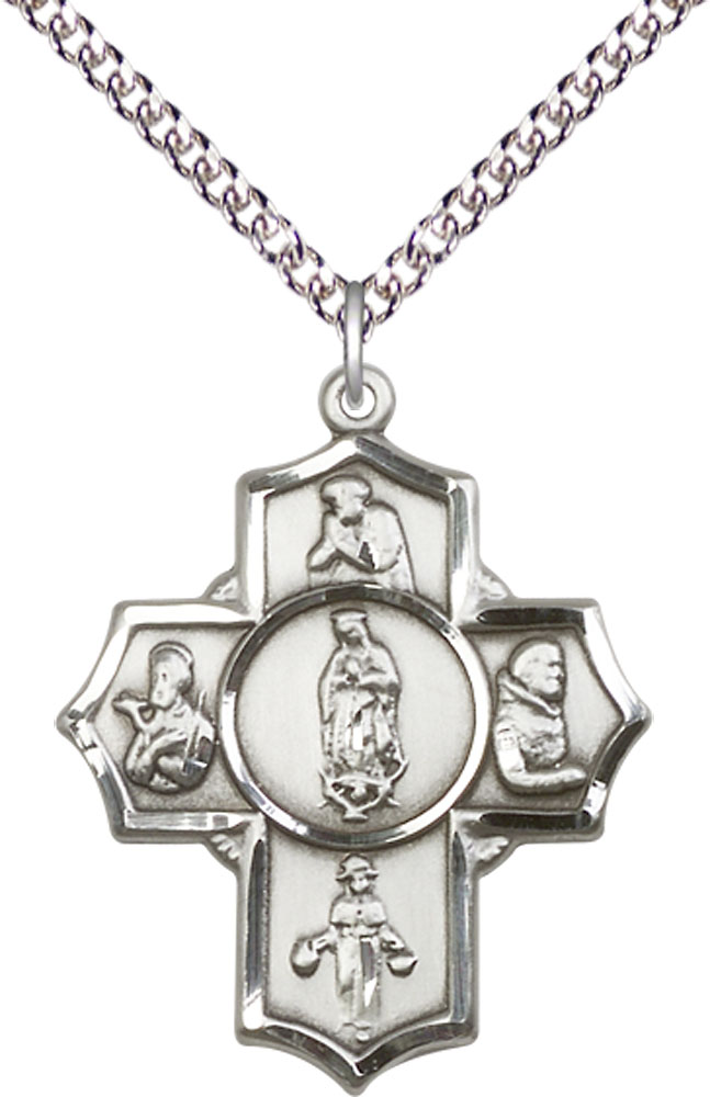 Sterling Silver Guadalupe Diego Pio Xav Nino Pendant on a 24 inch Sterling Silver Heavy Curb chain