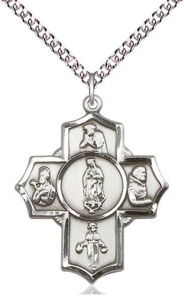 Sterling Silver Guadalupe Diego Pio Xav Nino Pendant on a 24 inch Sterling Silver Heavy Curb chain