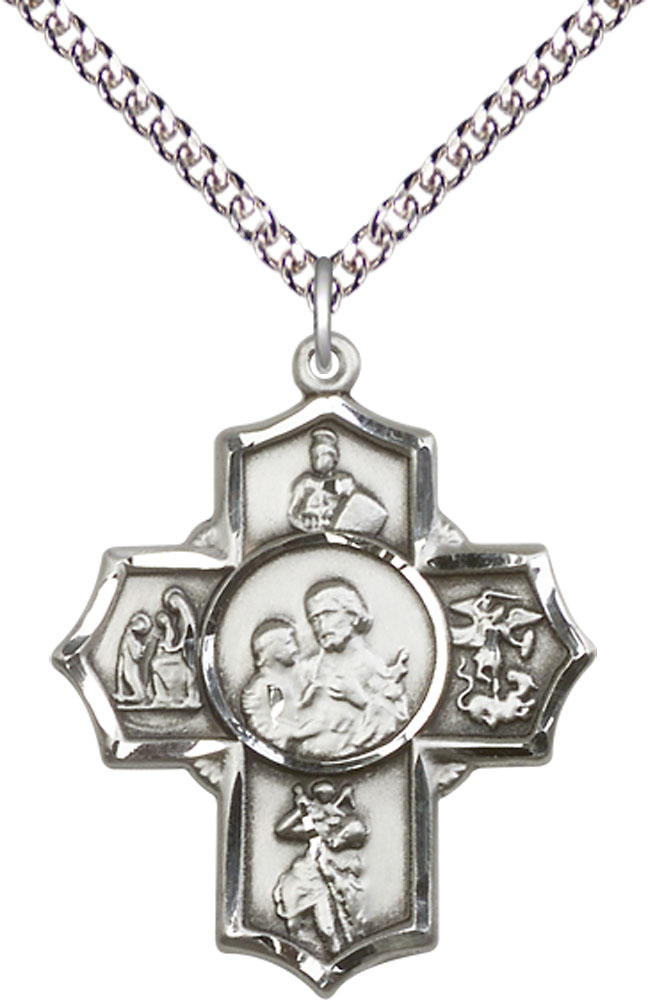 Sterling Silver 5-Way Firefighter Pendant on a 24 inch Sterling Silver Heavy Curb chain