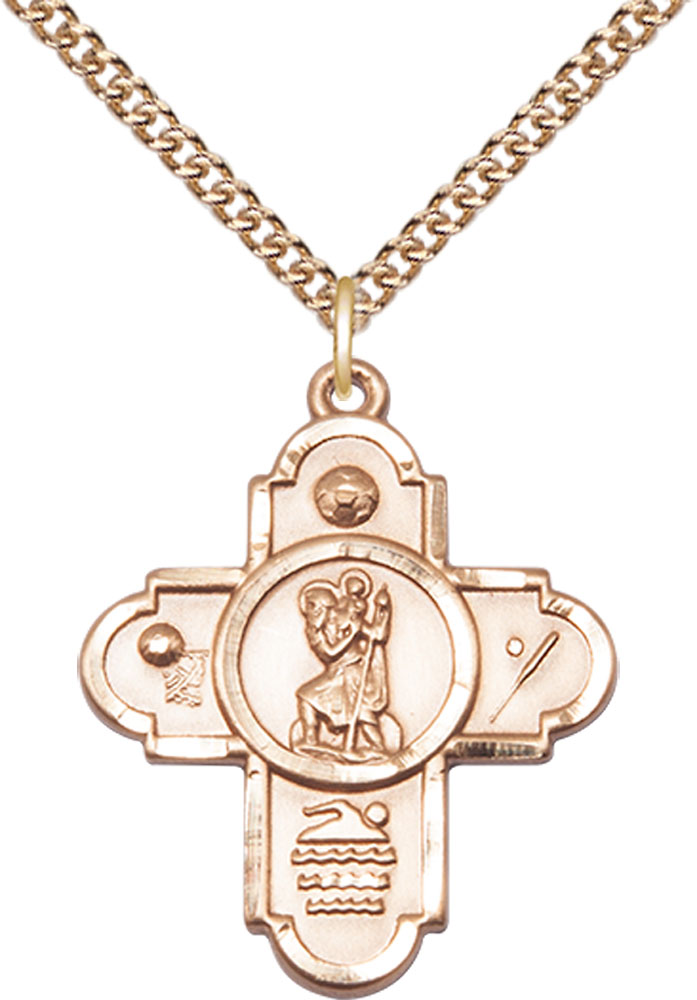 14kt Gold Filled 5-Way St Christopher Sports Pendant on a 24 inch Gold Filled Heavy Curb chain