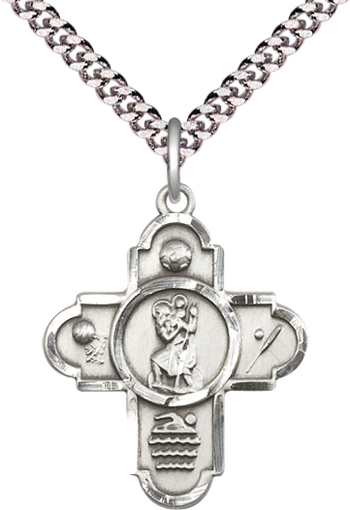 Sterling Silver 5-Way St Christopher Sports Pendant on a 24 inch Light Rhodium Heavy Curb chain