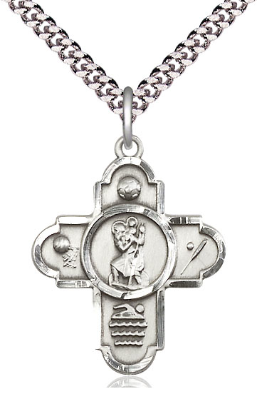 Sterling Silver 5-Way St Christopher Sports Pendant on a 24 inch Light Rhodium Heavy Curb chain