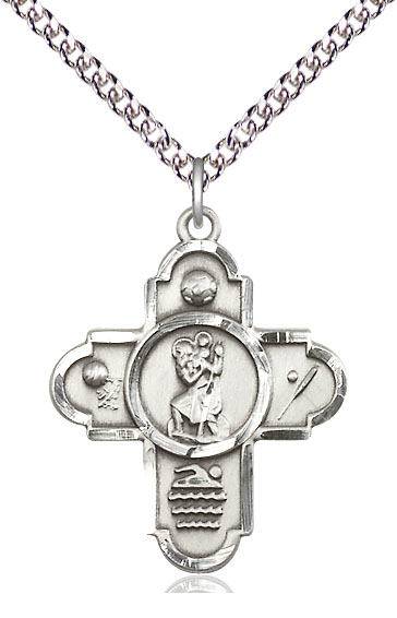 Sterling Silver 5-Way St Christopher Sports Pendant on a 24 inch Sterling Silver Heavy Curb chain