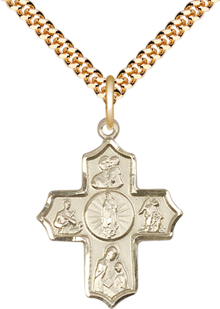 14kt Gold Filled 5-Way Our Lady of Guadalupe Pendant on a 24 inch Gold Plate Heavy Curb chain