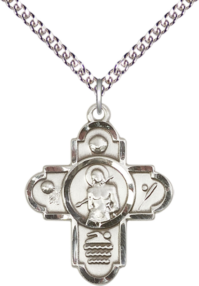 Sterling Silver 5-Way St Sebastian Sports Pendant on a 24 inch Sterling Silver Heavy Curb chain